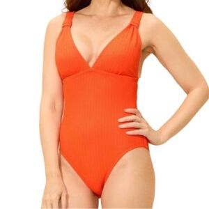 Pucker Plunge Neck Full Coverage One Piece Swimsuit NWT